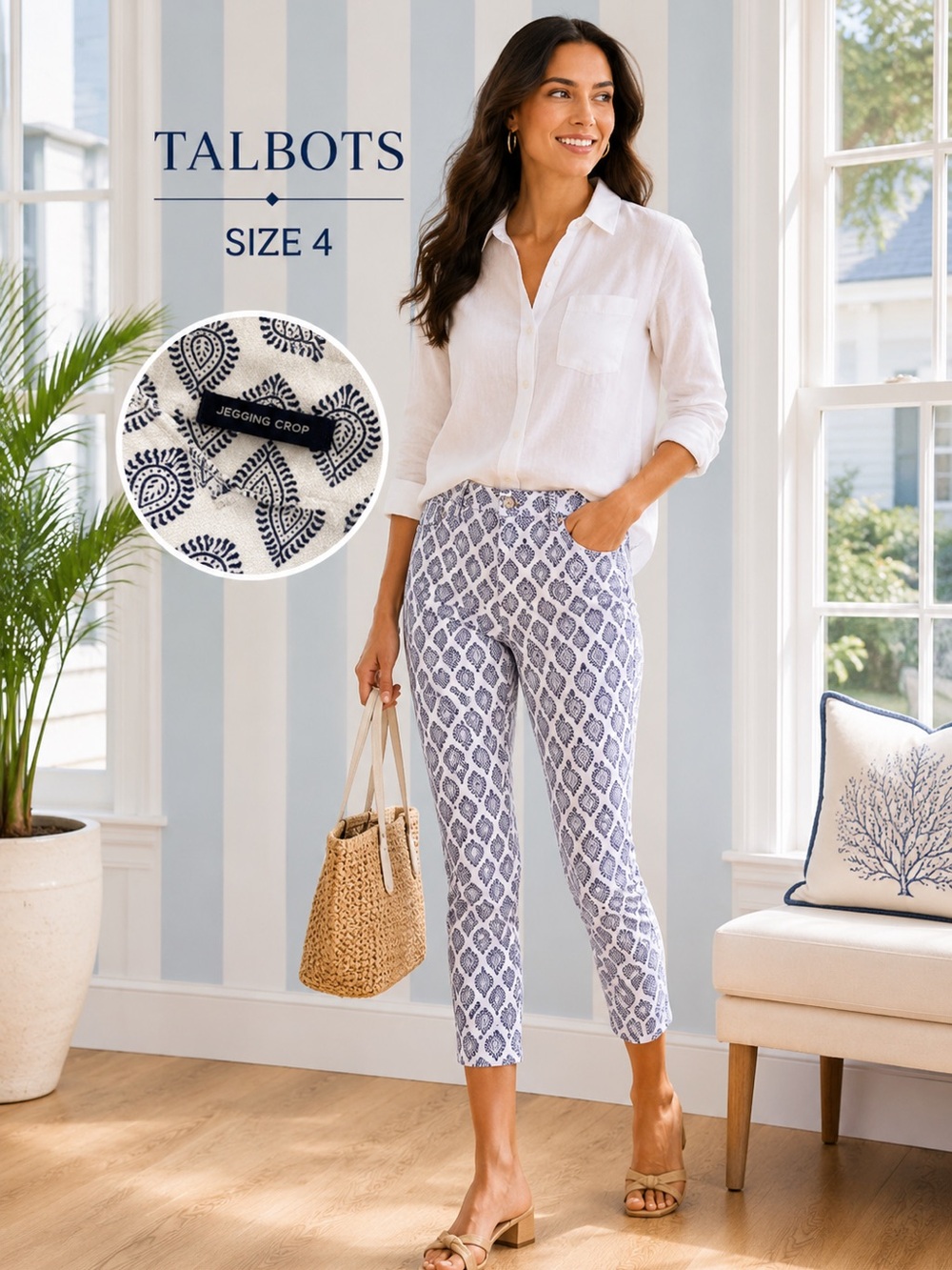 Talbots Simply Flattering Cropped Pants Size 4 Blue & White Print Jegging Crop